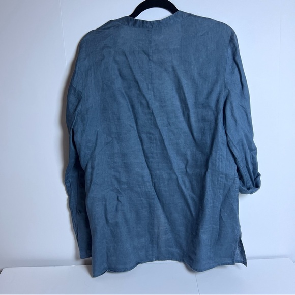 Jones New York Blue Linen Collarless Button Down Shirt w/ Breast Pockets Size 14 - Picture 2 of 10